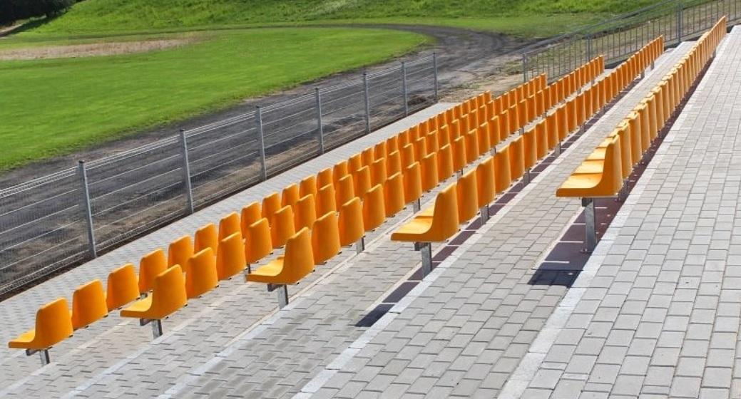 Stadium seats on a metal standing structure